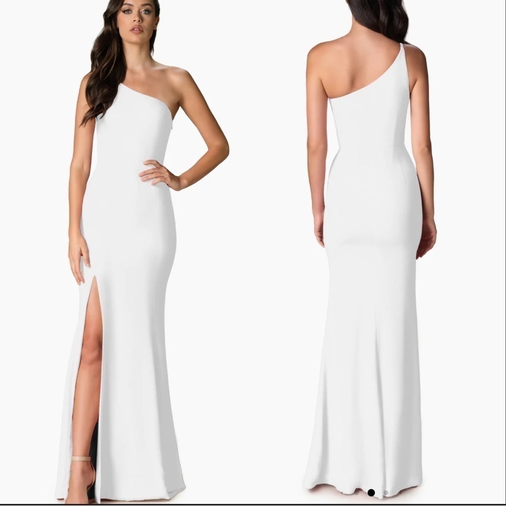 NWOT DRESS THE POPULATION AMY crepe one shoulder maxi slit white gown sz M